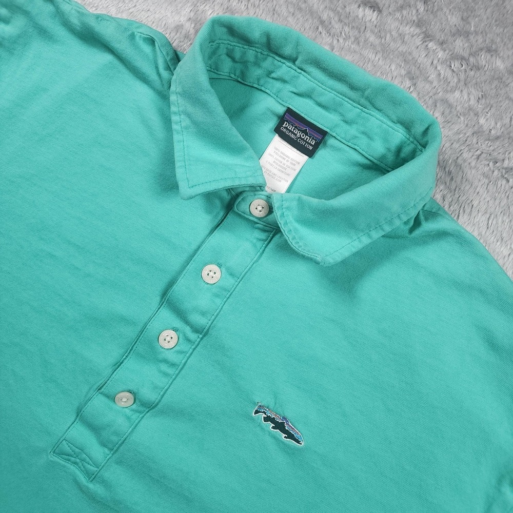 Patagonia Trout Fitz Roy Polo Shirt Mens Medium Green Organic Cotton Summer